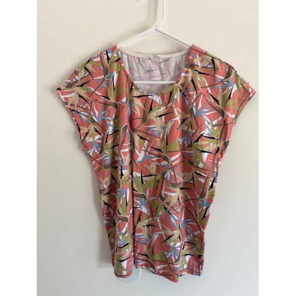 Tropical H&M Top Women Size 6 Pink Green Leaf Print Dolman Cap Sleeve Blouse